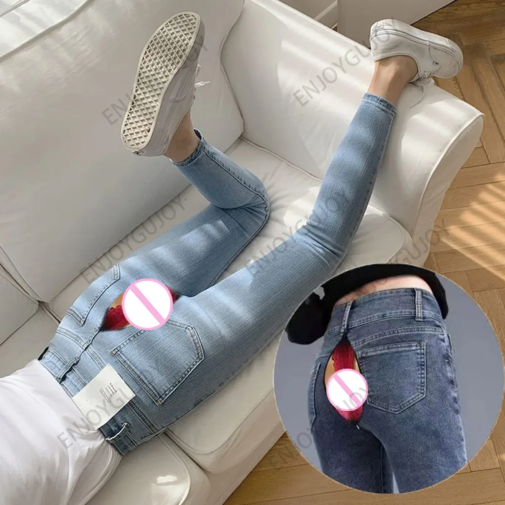 High Waist Jeans Women Autumn Invisible Open Crotch Outdoor Sex Plus Size Slimming Stretch Skinny Straight Ankle Denim Trousers
