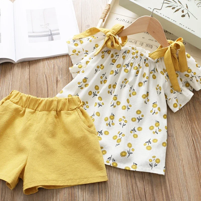 Girls Clothing Sets Summer Kids Clothing Sets Sleeveless Floral T-shirt Shorts Pants 2Pcs Suit Bow Children Girl Suit kids clothing set girls clothing set