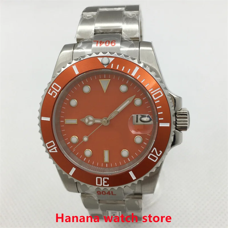 BLIGER Japan 24 Jewels NH35A  Movement  40mm Orange Submarine Sapphire Glass Oyster Strap Ceramic Bezel Mechanical Men's Watch