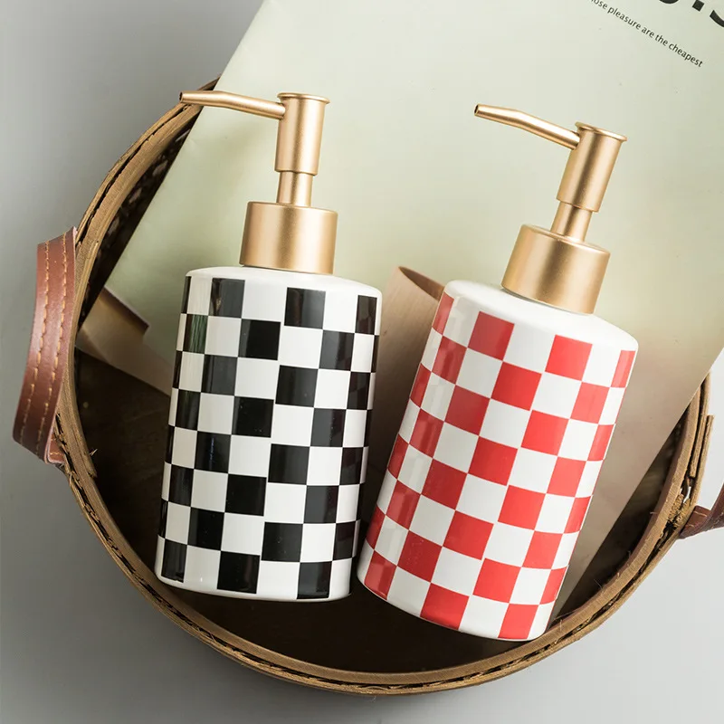 Checkerboard Ceramic Lotion Bottle Soap Dispenser Home Lotion Press Bottle Bathroom Decoration Bathroom Supplies