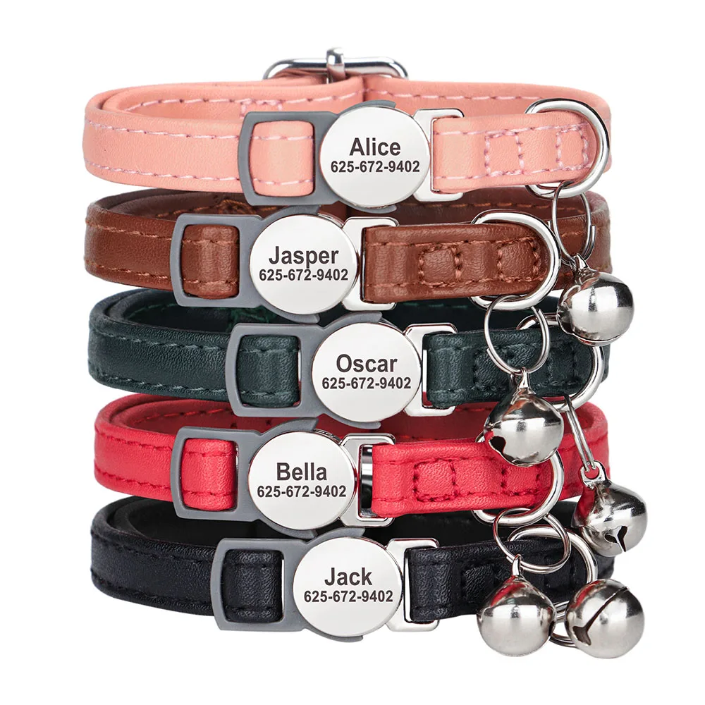 Personalized Cat Collar PU Leather Cat Safety Collars Adjustable Kitten Necklace With Free Engraved ID Nameplate Bell Gift 2