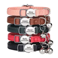 Personalized Cat Collar PU Leather Cat Safety Collars Adjustable Kitten Necklace With Free Engraved ID Nameplate Bell Gift 2