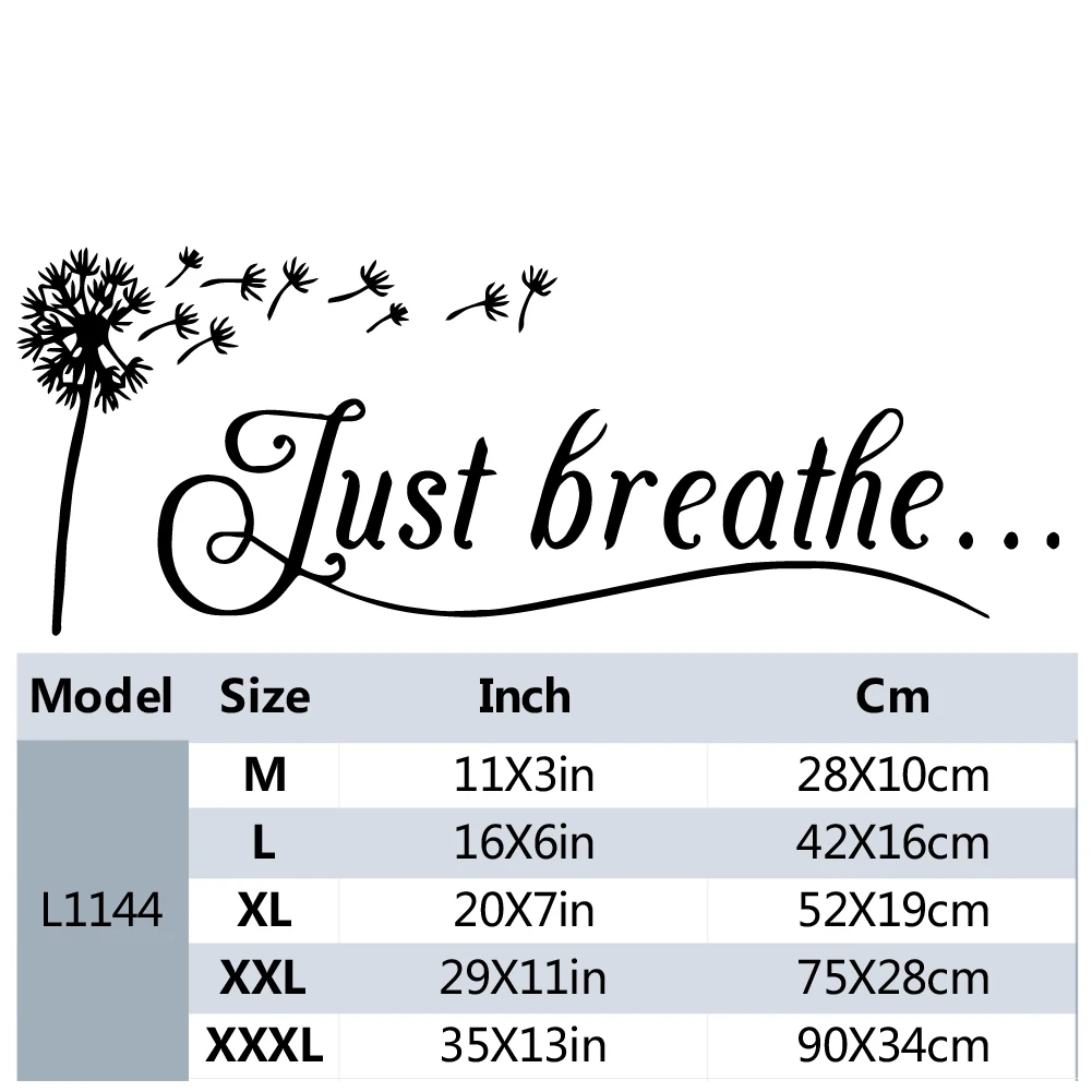 1pc Artistic Fonts PVC Wall Decal Dandelion Just Breathe Slogan Mural Cafe Living Room Office Porch Background Decor