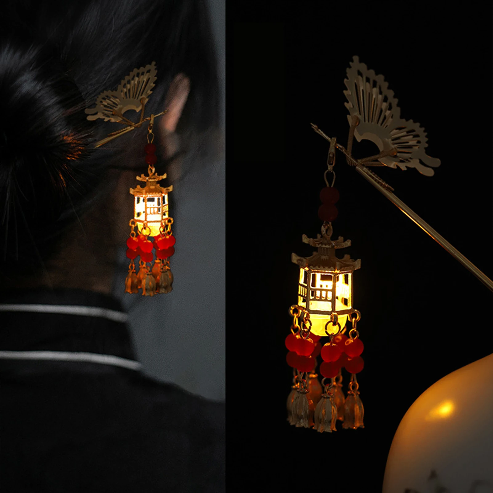 Leuchtende Blume Haarnadel Für Frauen Kreative Lotus Emittieren Licht Laterne Quaste Haar Stick Vintage Chinesischen Stil Metall Haar Zubehör – Detail 4