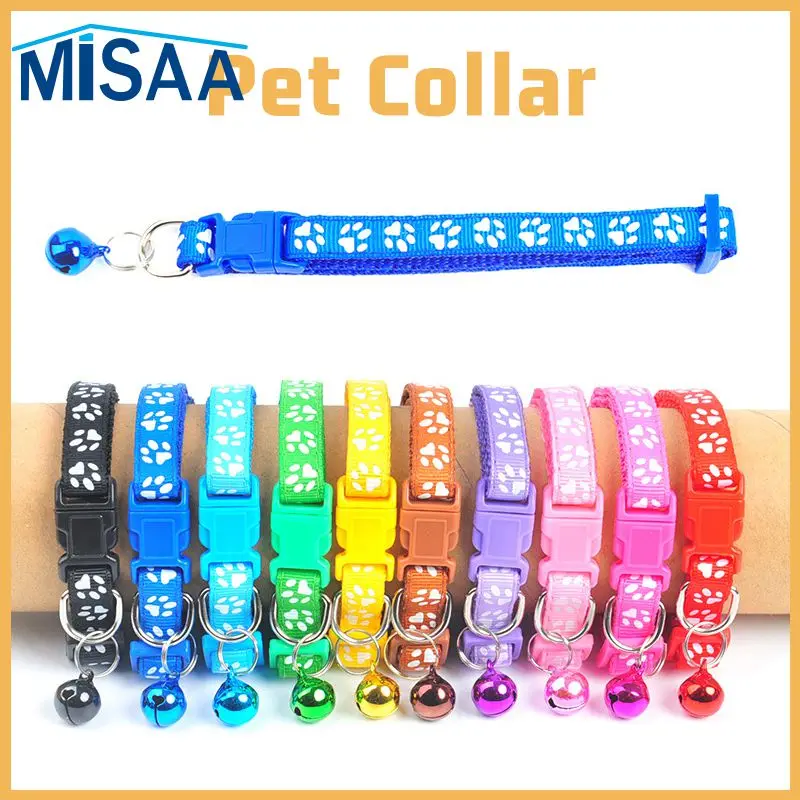 

Cute Cat Collars With Bell Pendant Adjustable Puppy Kitten Necklace Cartoon Footprint Cats Collars With Bells Cat Accessories