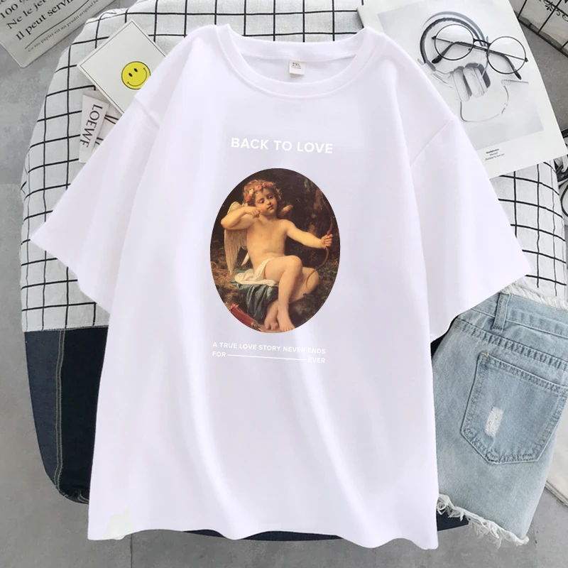 2023 New Oil Painting Angel Vintage Printed Women Tshirt Summer Soft T Shirt Simplicity T-Shirt Allentata O-Collo Donna Top Casual