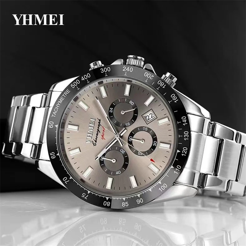 2022 New Casual Sport Chronograph Men's Watches Stainless Steel Band Wristwatch Big Dial Quartz Clock with Luminous Pointers