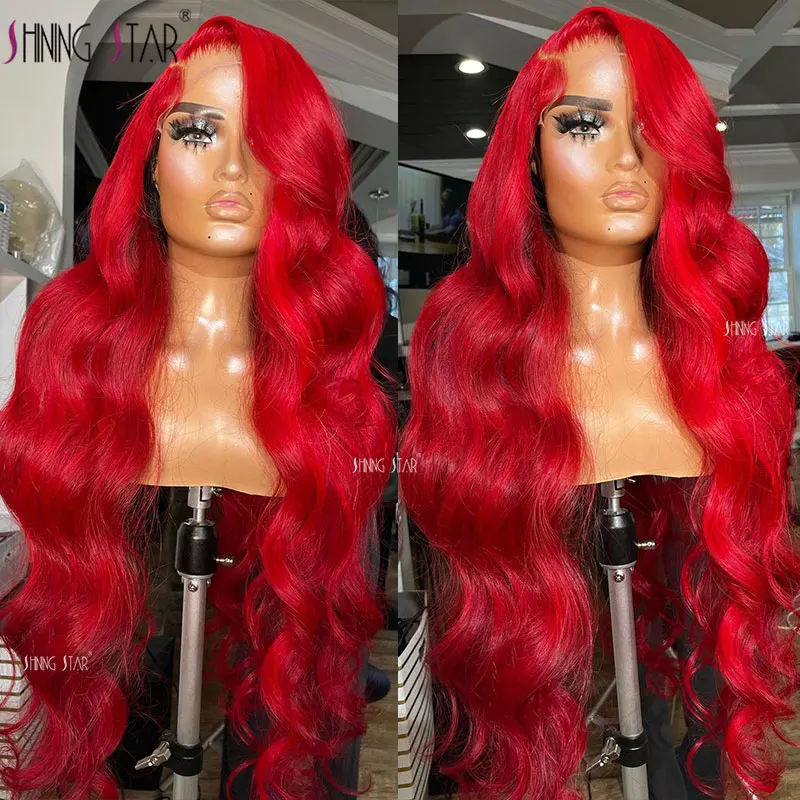 13X6 Body Wave Lace Front Wig Colored Hot Red Lace Front Human Hair Wigs Curly Peruvian 13x4 HD Burgundy Lace Frontal Wig 34Inch