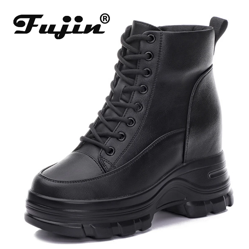 

Fujin 9cm Genuine Leather Platform Wedge Mid Calf Ankle Motorcycle Booties Non Slip Hidden Heel Women Zipper Autumn Winter Shoes