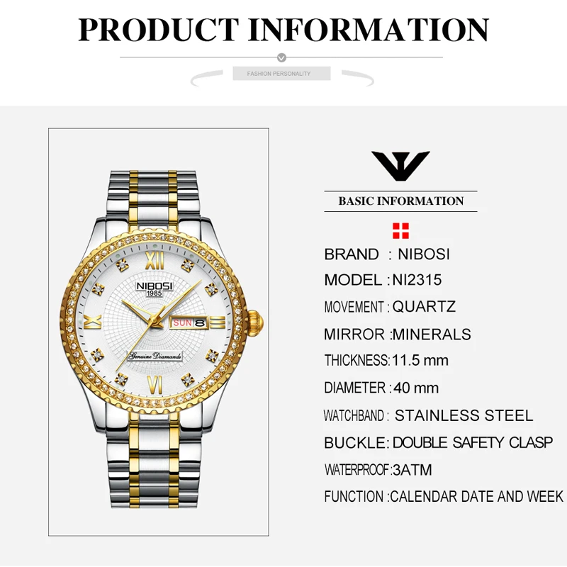 NIBOSI Luxury Gold Quartz Watch for Men Stainless Steel Waterproof Luminous Week Date Fashion Mens Watches Relogio Masculino