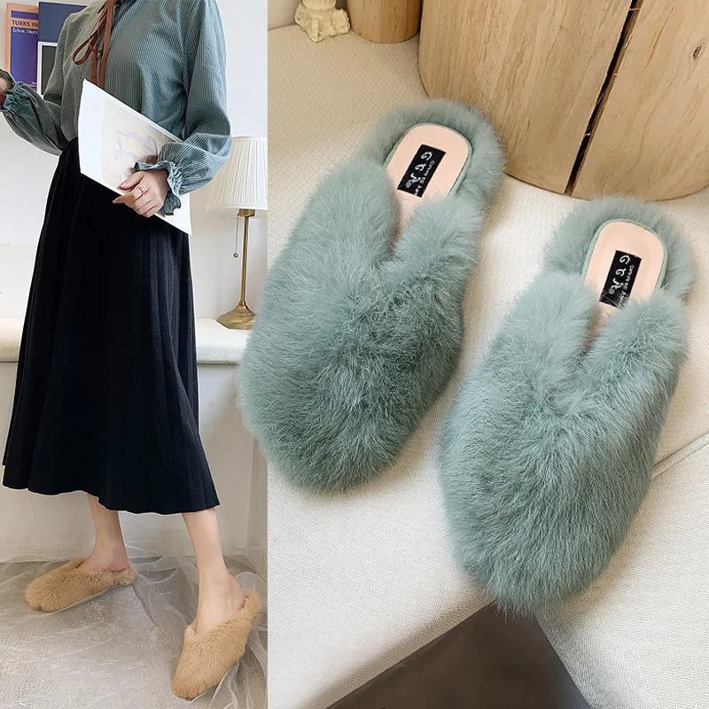 2023 Autumn Winter Rabbit Hair Korean New Baotou Flat Bottom Slippers Popular Same Style Outwear Fur Half Slippers for Women
