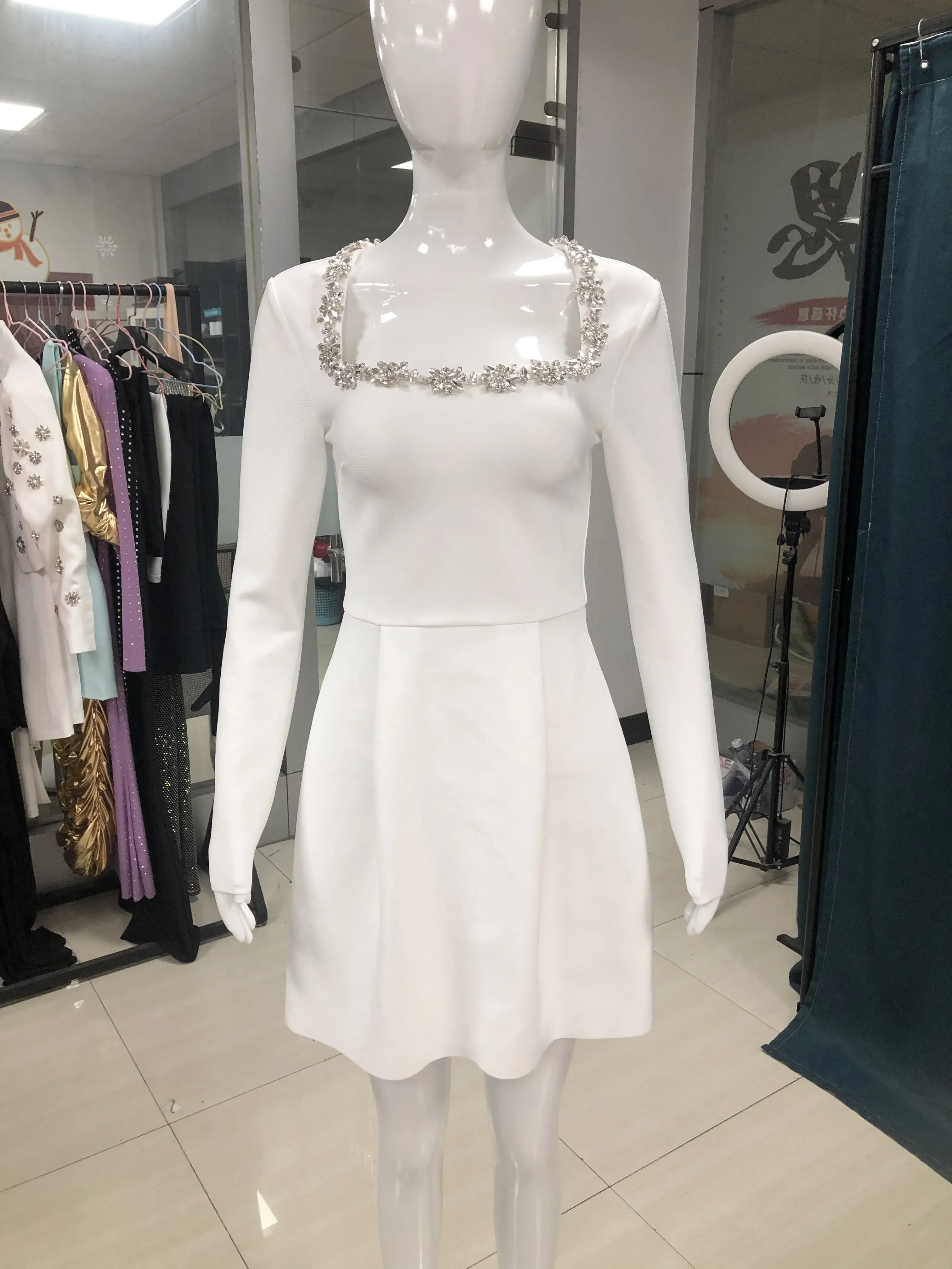 Womens Dress Summer Women's Long sleeved Square Neck Diamond Pocket Decoration A-line Bodycon Celebrity Party Mini Dress
