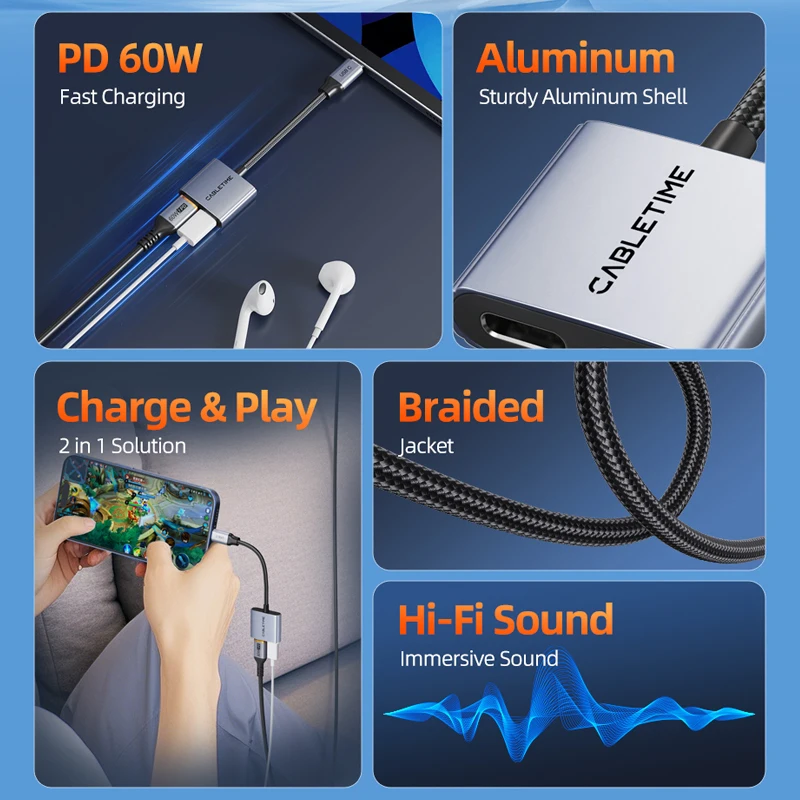 USB C to Dual USB C Headphone & Charger Adapter - 2-in-1 PD 60W Fast Charging Aluminum Adapter with Hi-Fi Audio