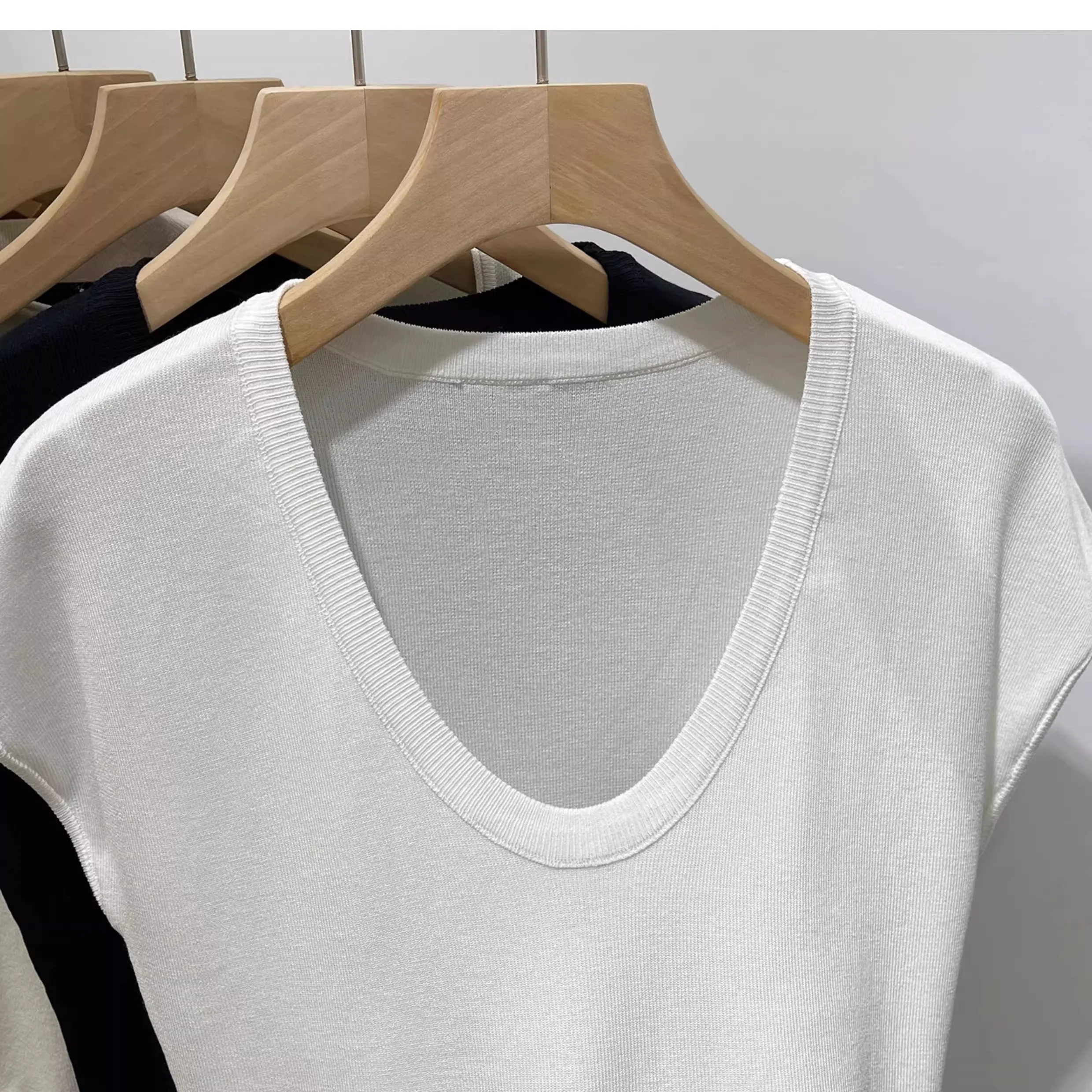 Trendiges Einfarbiges Vielseitiges T-Shirt 2026 Sommer U-Ausschnitt Strick Damen T-Shirt Slim Fit Kurzarm Casual Top – Detail 5