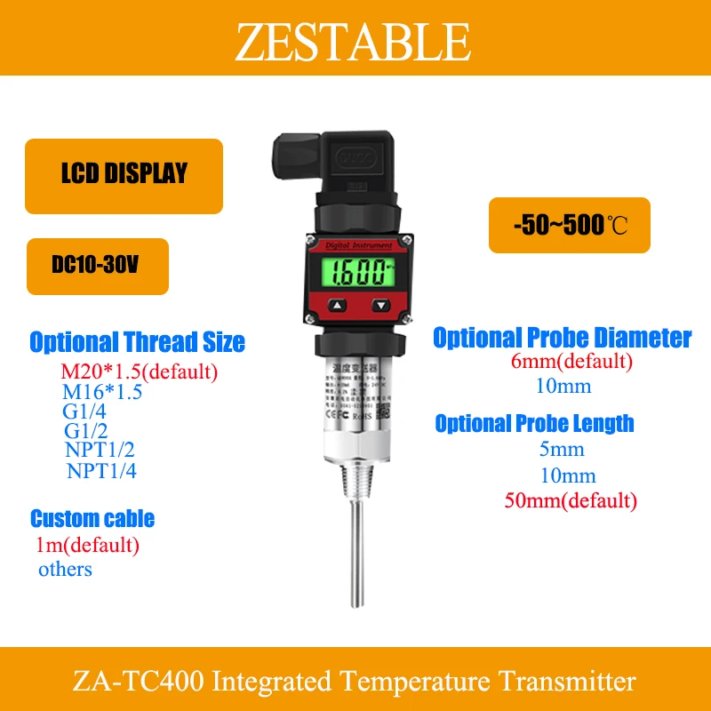 

Temperature Transmitter Plug-in LCD Display PT100 -50~500℃ 1m cable 4-20mA Output 50x6mm with M20*1.5 Thread Size Plunger Probe