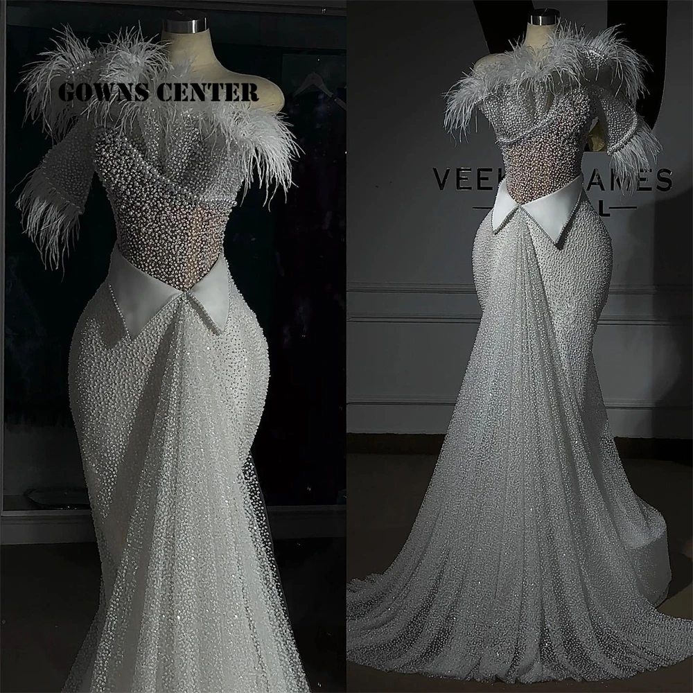 

Elegant White Feathers Pearls Aso Ebi Wedding Dress African Mermaid Engagement Evening Gown Bride Dress Formal Dresses 2024