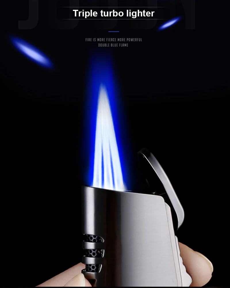 Description Picture 2 of itemJOBON Metal Triple Torch Jet Lighter Pipe Lighter With Cigar Cutter Visible Gas Window Windproof Flame Lighter Gadgets For Men