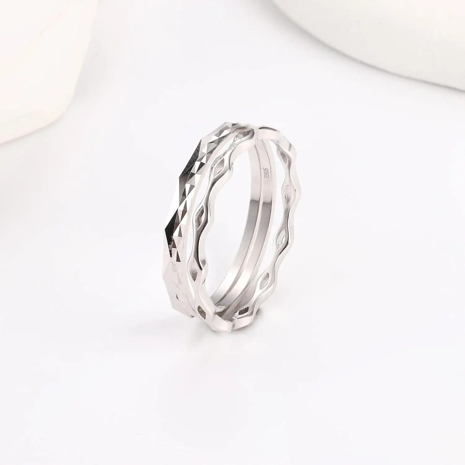 Fansilver S925 anelli in argento Sterling per donna uomo 18 carati placcato oro bianco fascia Knuckle anelli impilabili anello Vintage elegante fascia - immagine 2