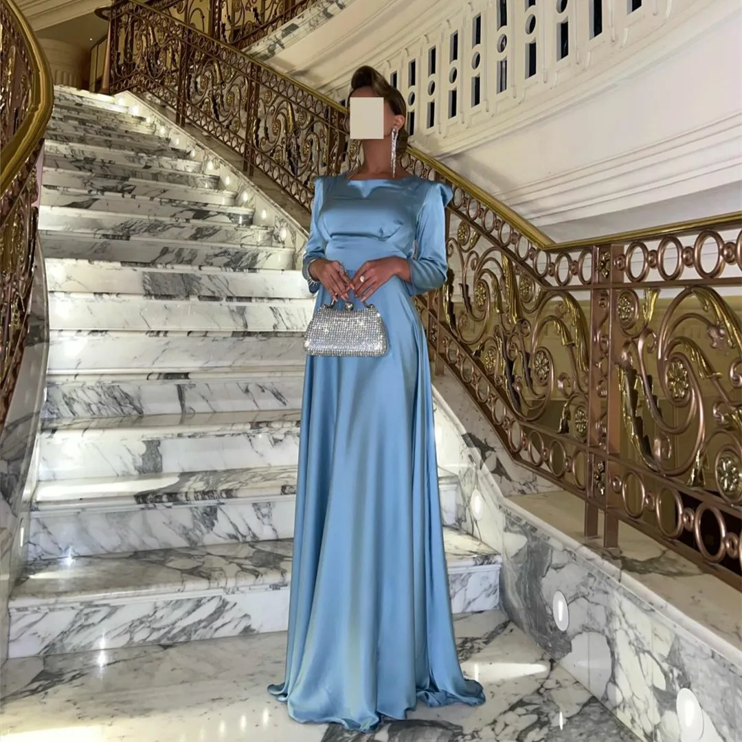 

Elegant Maxi Satin Blue Pleated Evening Dresses فساتين سهرة A-Line Long Sleeve Floor Length Prom Dresses for Women
