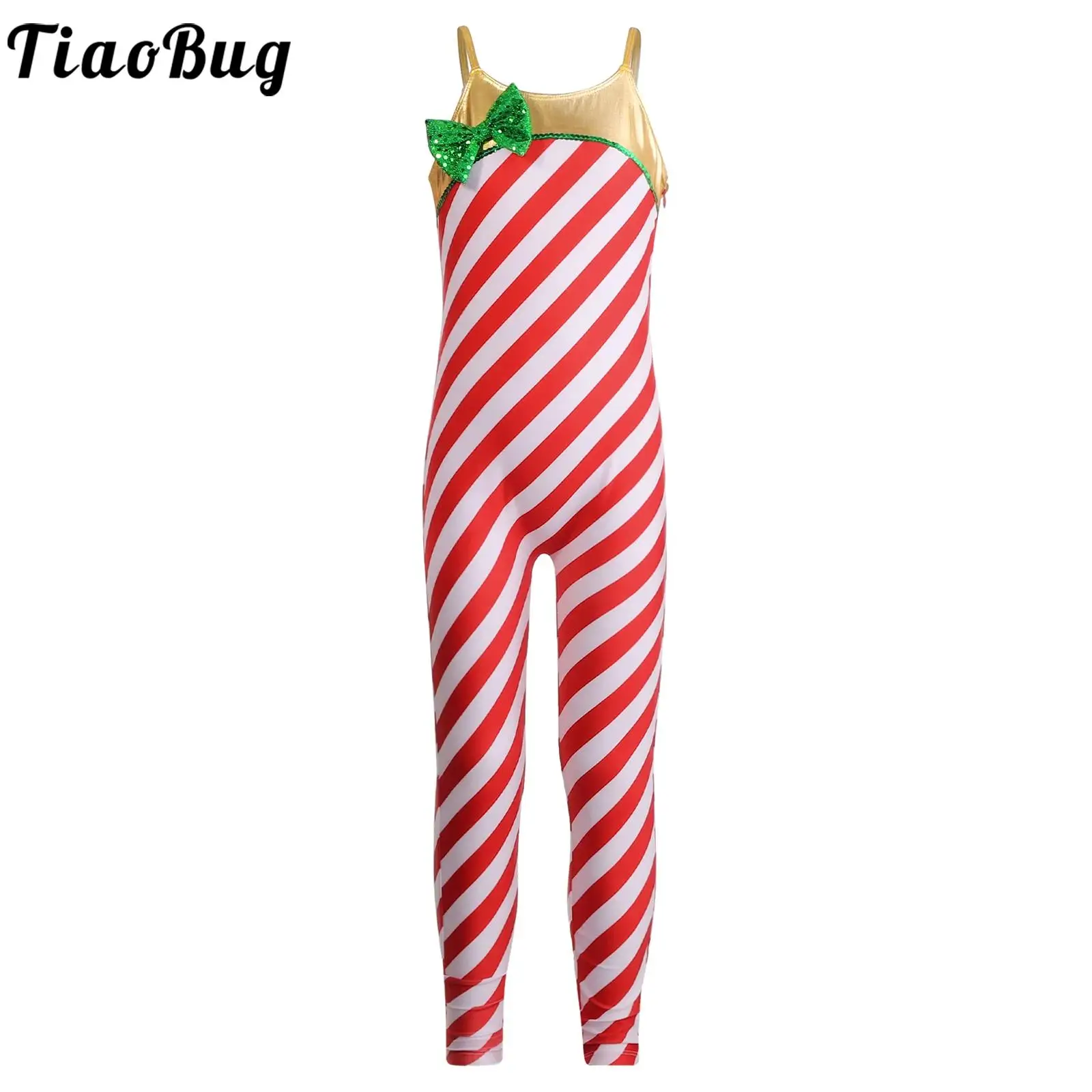Bambini Ragazze Xmas Candy Cane Tuta Natale Danza Costume Balletto Ginnastica Body Senza Maniche A Righe Pattinaggio Artistico Body