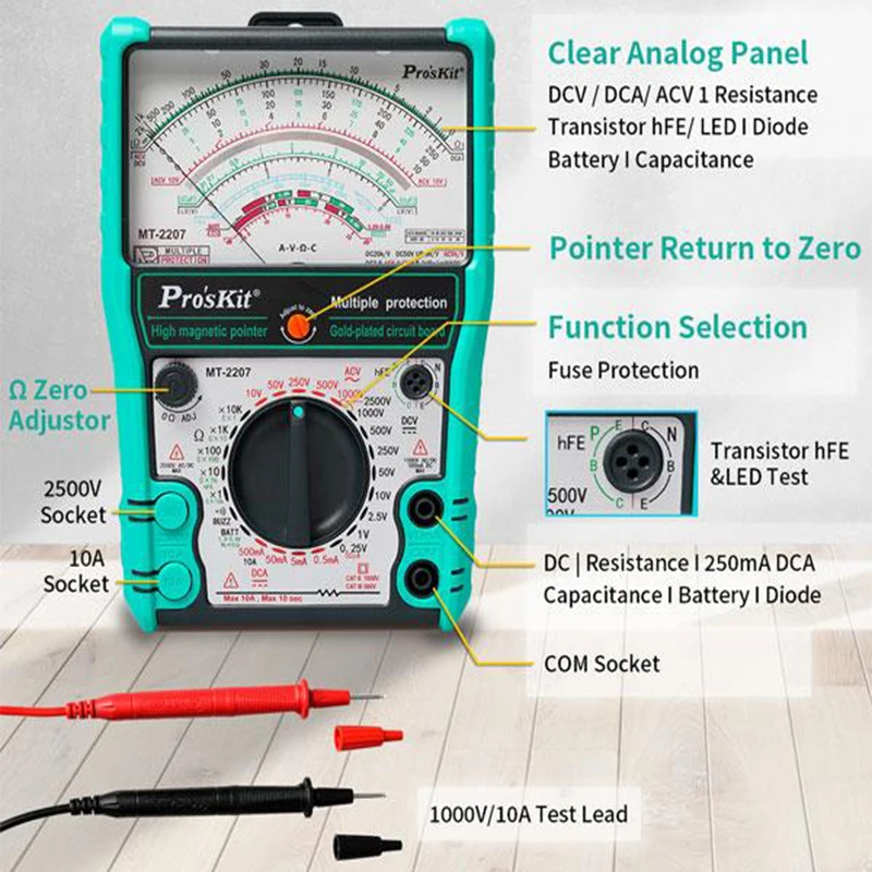 Pro'sKit MT-2207-C 포인터 타입 김서림 방지 3 목적 전기 계량기, 내부 자기 고정밀 멀티미터, 1000V, 10A