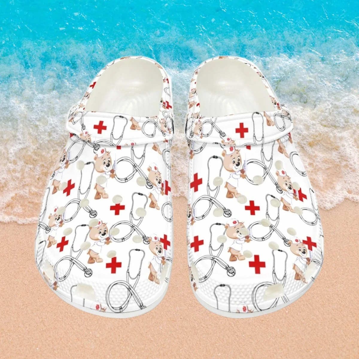 

INSTANTARTS First Aid Bear Cartoon Clogs Lightweight Outdoor Slippers Women's Sandals Non-Slip Casual Garden Shoes Nursing Shoes