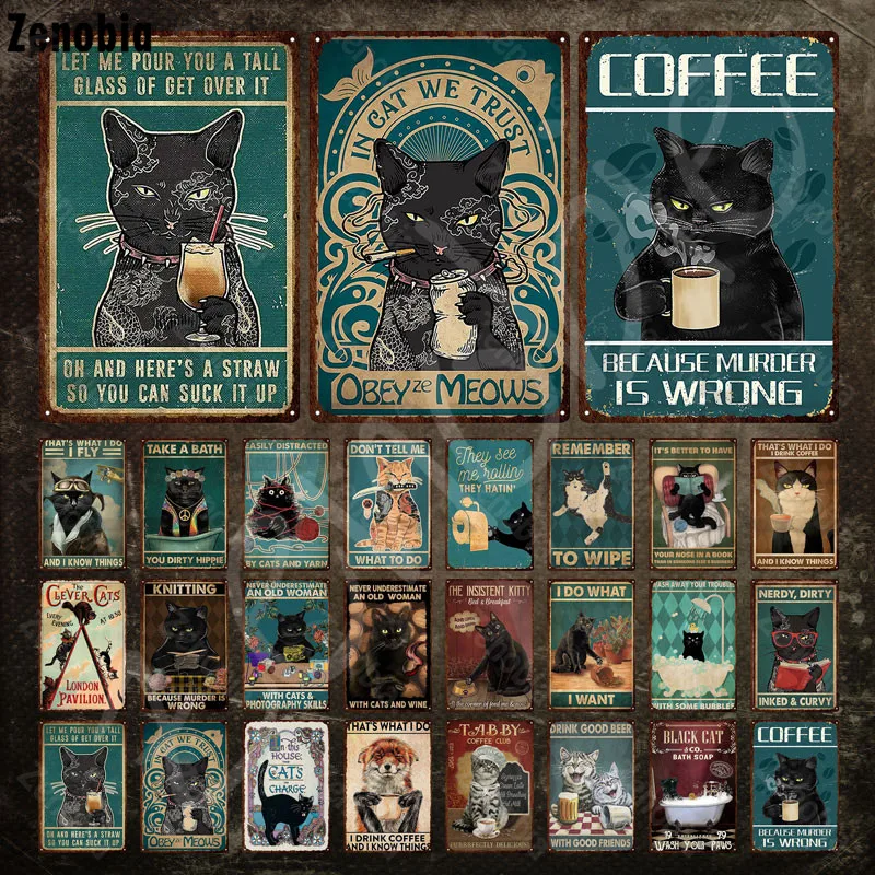 

Black Cat Metal Poster Drinking Beer Coffee and Cocktail Cat Funny Tin Sign Plate Animal Metal Sign Plate Bathroom Home Decor