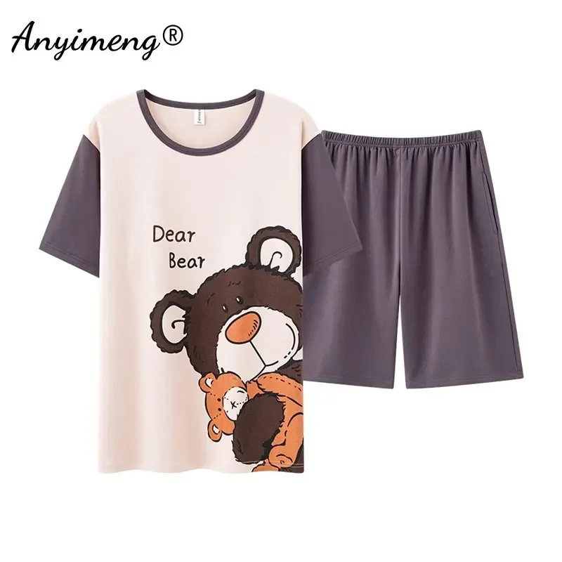 Men Summer Knitted Cotton Pajama Sets Bear Print