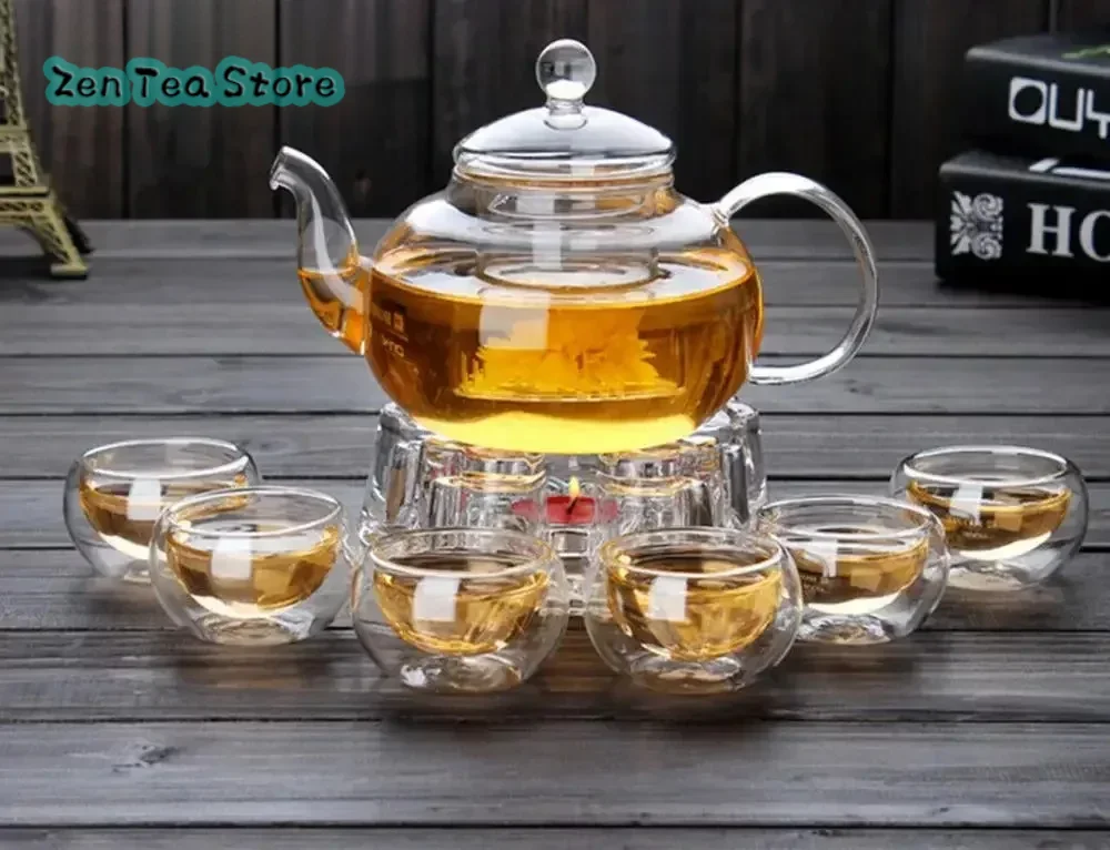 Tea Set High Borosilicate glass Tea Pot Set Infuser Coffee Leaf Herbal 6 Cups Warmer Teapot Gift Kitchen accessories Home matcha tea set coffee set