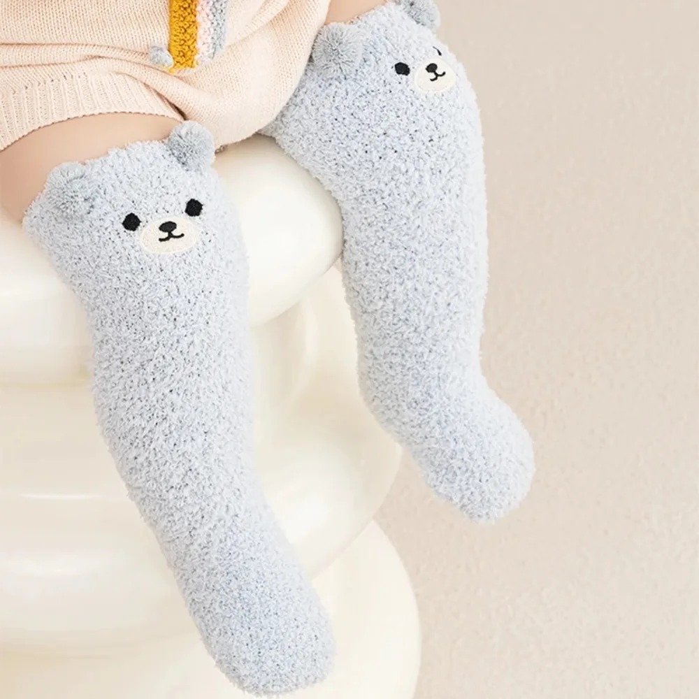 Cartoon Bear Design Baby Socks Coral Velvet Thickened Infants Stocking Warm Knee Protection Socks for 0-5year Kids