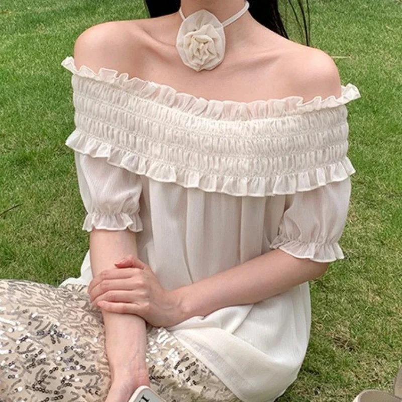 

2023 Elegant Casual Lace Chiffon Shirt Summer Sweet Blouse Korean Flower Shirt Office Tops Loose Ladies Puff Sleeve Blusas 26654