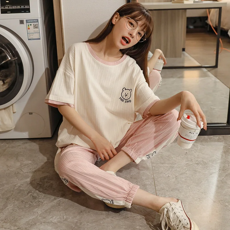 Summer 2022 New women's Korean Fashion Round Neck Pajamas Suit Plaid Trousers short sleeves Ladies Pijamas Loose Soft Homewear