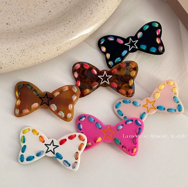 

Cute Bow Hair Clip Acetate Colorful Wool Barrettes Sweet Bowknot Geometric Side Pin Hairpin Korean Hair Accessories for Women