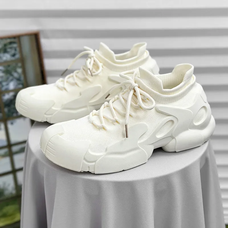 New Men Sock Shoes Breathable Lightweight Lace Up Comfortable Sneakers Round Toe Solid Colour Wear Resistant Vulcanised Shoe 4