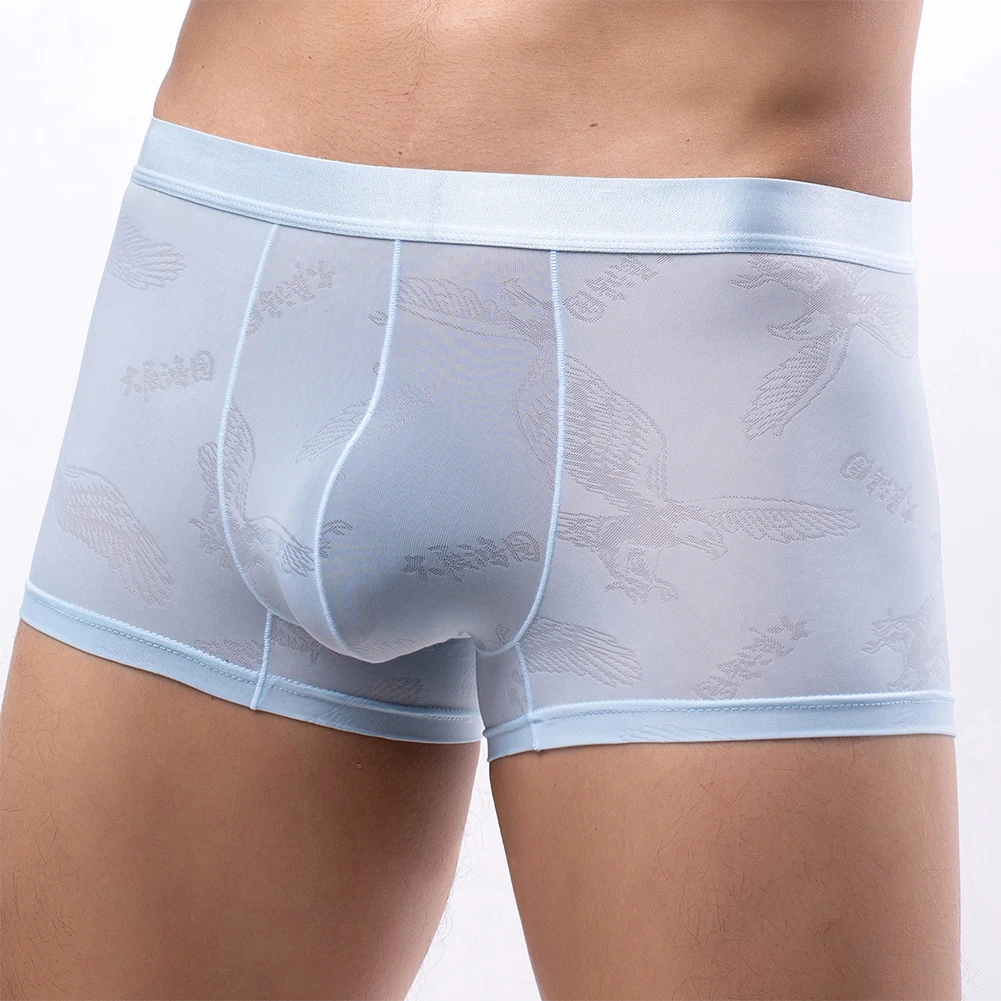 

Jacquard Transparent Boxer Short Mens Ice Silk Underwear Summer Ultra Thin Shorts Breathable Bugle Pouch Underpants Trunks A50