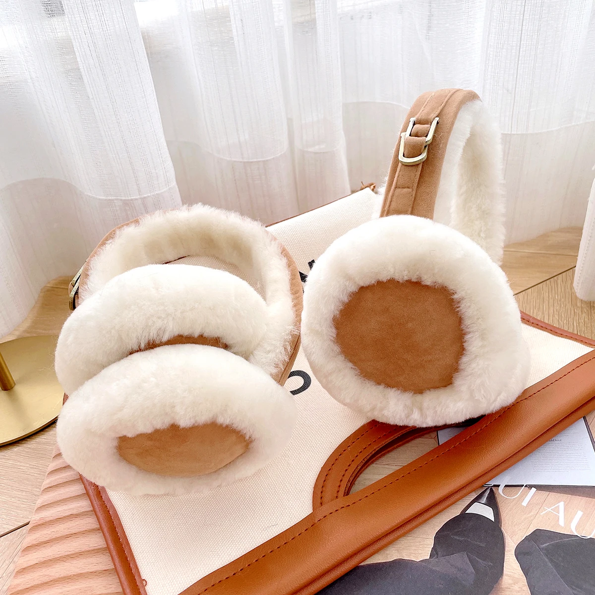 Natural Wool Ear Warmer Winter Sheepskin Ear Muffs for Women Soft Warm Solid Earflap Outdoor Cold Protection