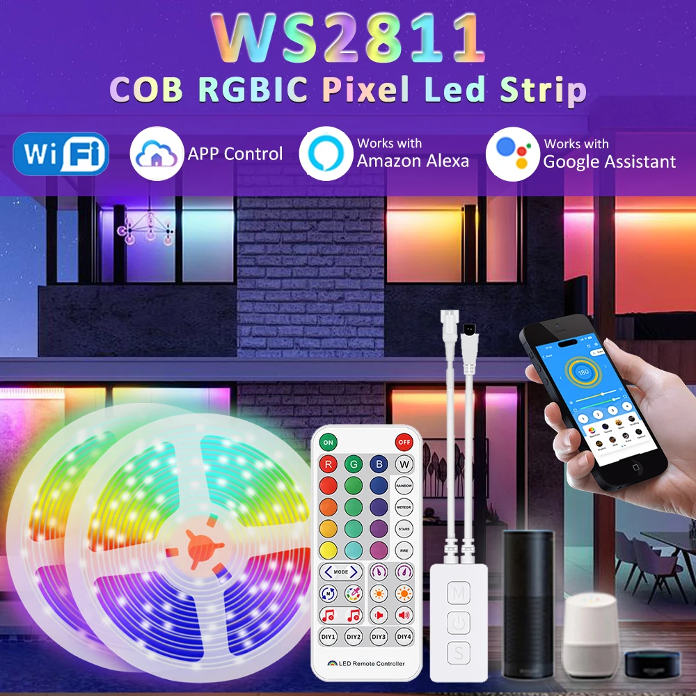 24V RGBIC COB Horse Racing LED Strip Light WS2811 Pixel Addressable RGB 5M 10M 15M 20M Flexible Ribbon WIFI APP Voice Control