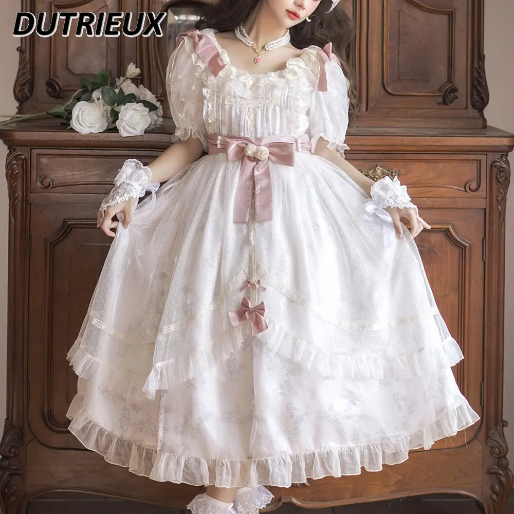 

Japanese Lolita Dress Women Elegant Sweet Bow Op Short Sleeve Maxi Dresses 2023 Summer New Angel Wedding Birthday Princess Dress