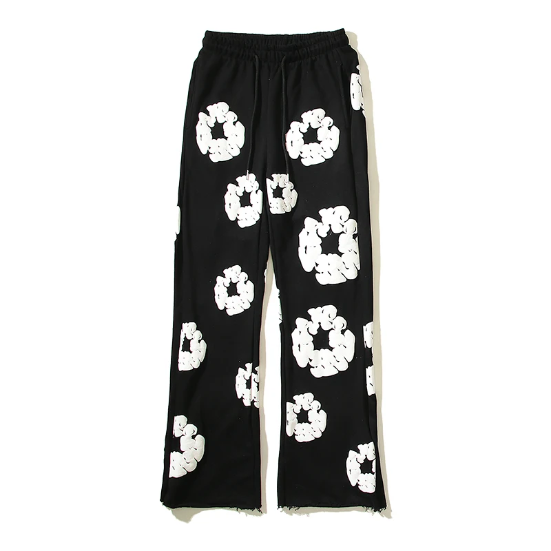 High Street Terry Cloth Tear Kanye Kapok Pants Men Women Foam Print Loose Casual Sweatpants  Micro Bell-bottoms