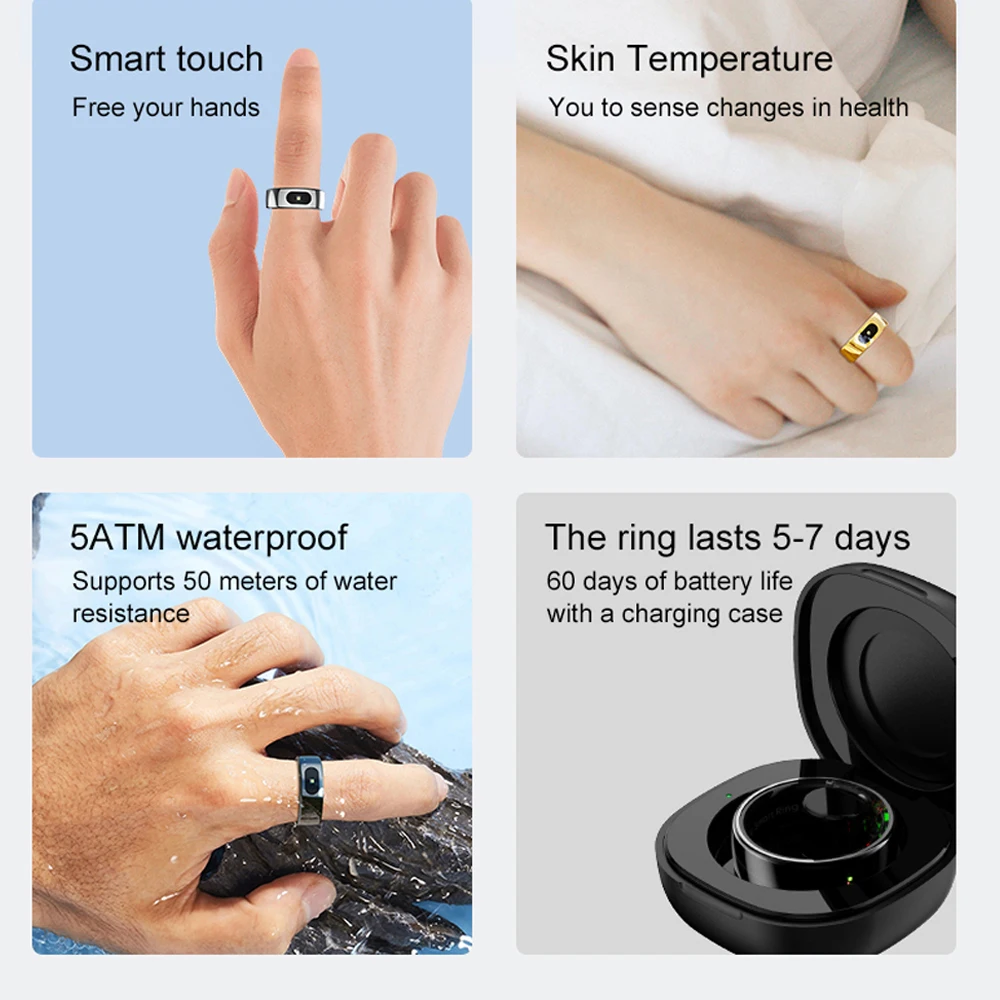 Smart Ring Men Health Monitor Temperature 5ATM Waterproof Music