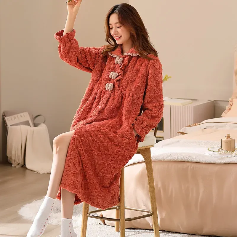 

Dress Nightgowns Keep Coral Nightdress Women Indoor Sleepwear Long Sleepshirts Home Robes Clothes Bow Autumn Warm Winter Fleece