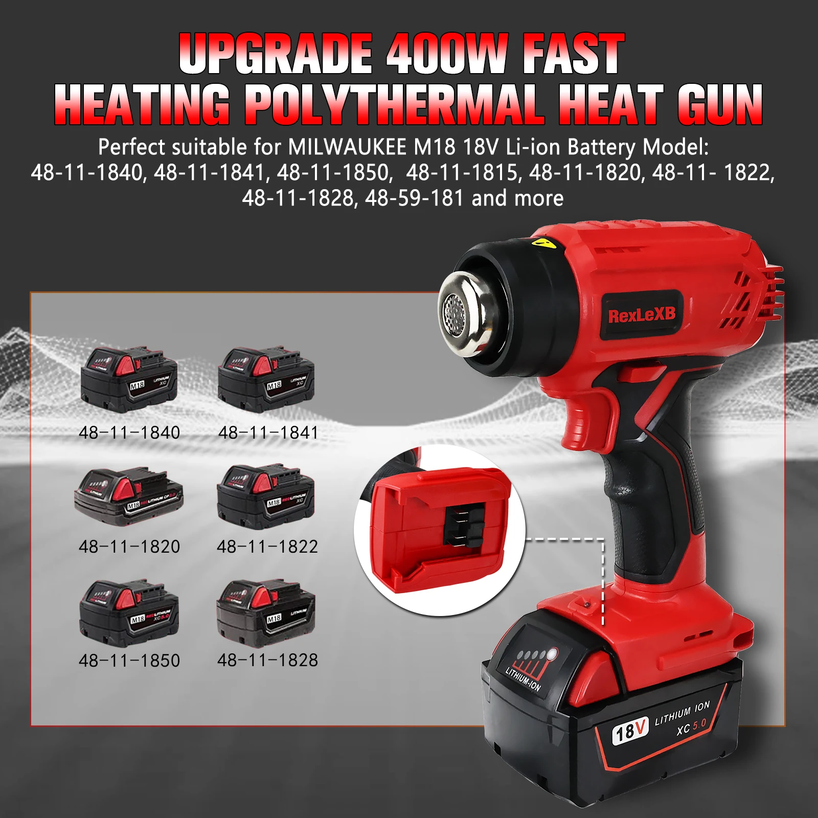 400W Cordless Heat Gun for Dewalt/Milwaukee 20V Max Battery Heat Shrink Wrapping Overload Protection Hot Air Gun (No Battery) 5