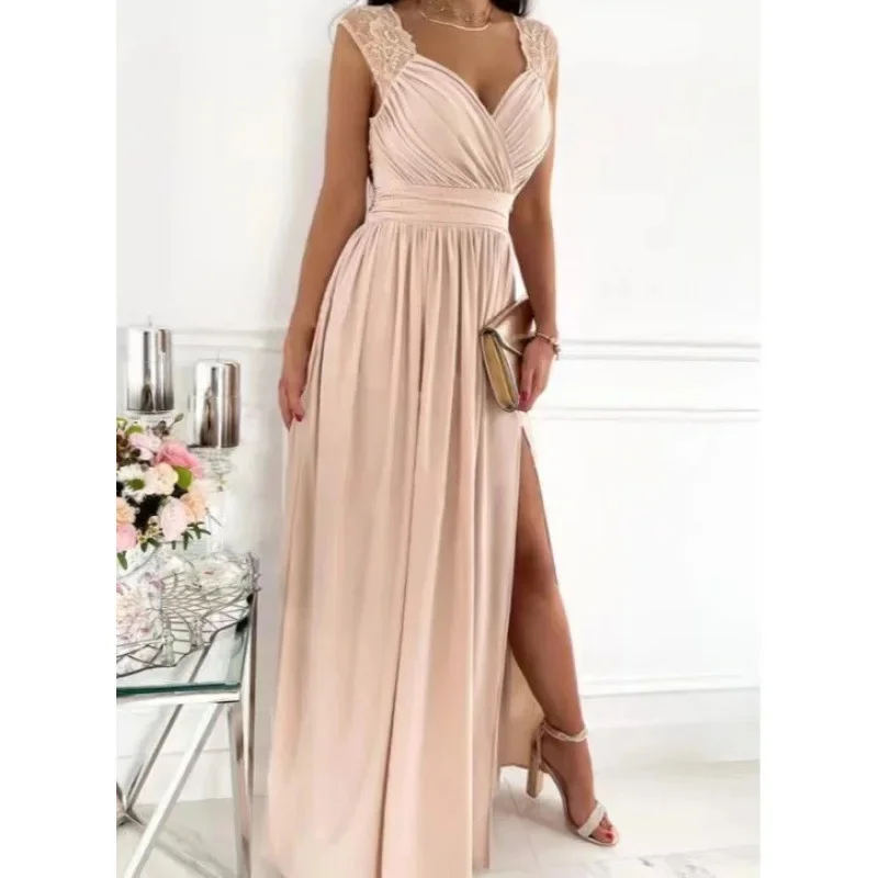 فستان نسائي دانتيل بدون ظهر طويل بدون أكمام ورقبة...