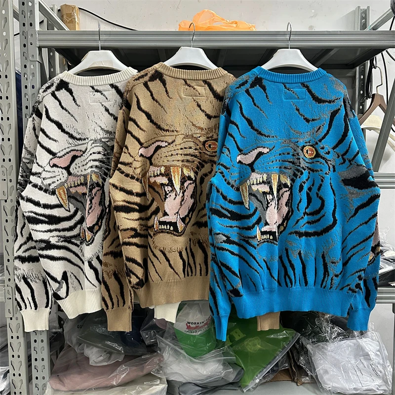 

23SS Streetwear Full Tiger Pattern WACKO MARIA Knitted Sweater Men Women Jacquard Sweatshirts Genshin Impact