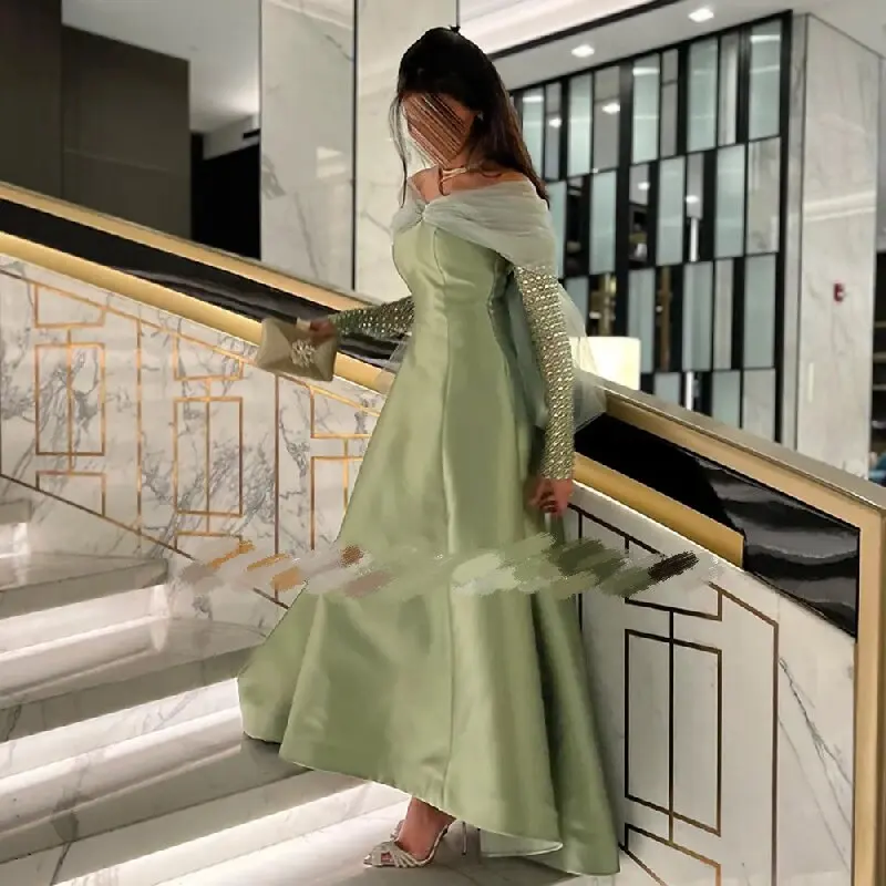 

Crystal Mint Green Evening Dresses Off The Shoulder Long Sleeve Bow Back Elegant Party Prom Formal Gowns Vestidos De Noche 2023
