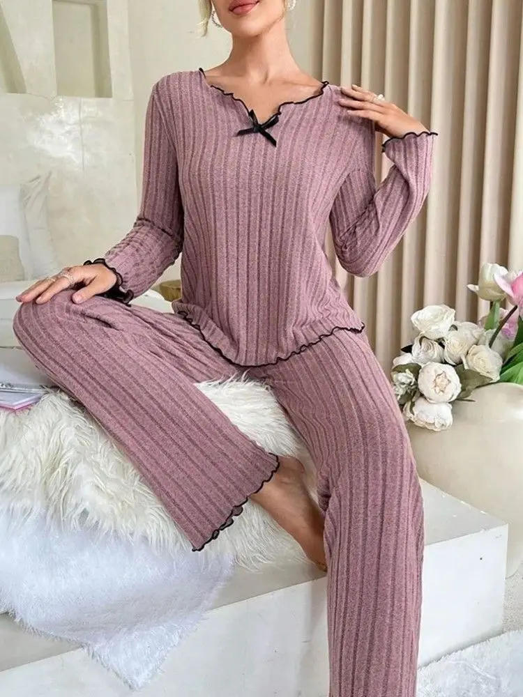 Autumn Winter Warm Plush Pajamas Set Women Long Sleeve Top and Trousers 2 Piece Set Casual Sleepwear Homewear Loungewear