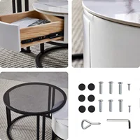 SHARPDO Tables Basses gigognes, Pierre Sinterisée & Verre trempé, Tiroir Simili Cuir Blanc, Lot de 2, Ø 60/45 cm, Design Moderne pour Salon, Ronde 6