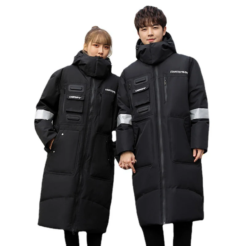 

Пуховик длинный для мужчин и женщин, модная утепленная куртка-пуховик с капюшоном, до колена, молодежная верхняя одежда в Корейском стиле, для пар, зима