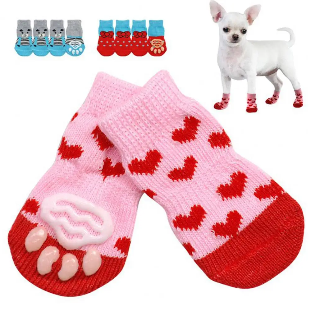 

Anti-Slip Dog Socks 4pcs Paw Protector Traction Control Adjustable Indoor Wear Knitted Pet Socks with Rubber Reinforcement