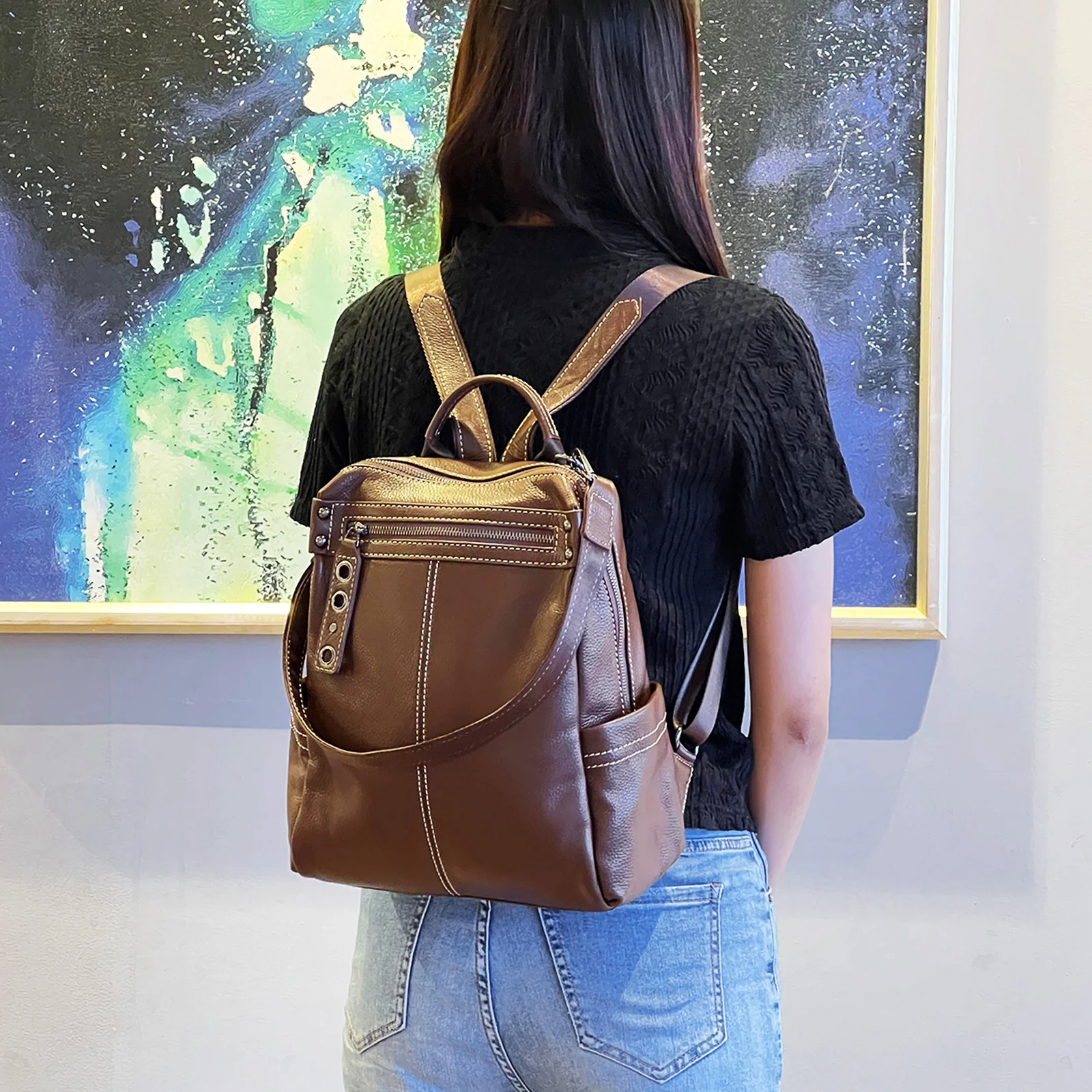 MIYA GARDEN Retro Women's Double Shoulder Backpack Versatile Leather Backpack Classic Travel Multifunctional Shoulder Bag